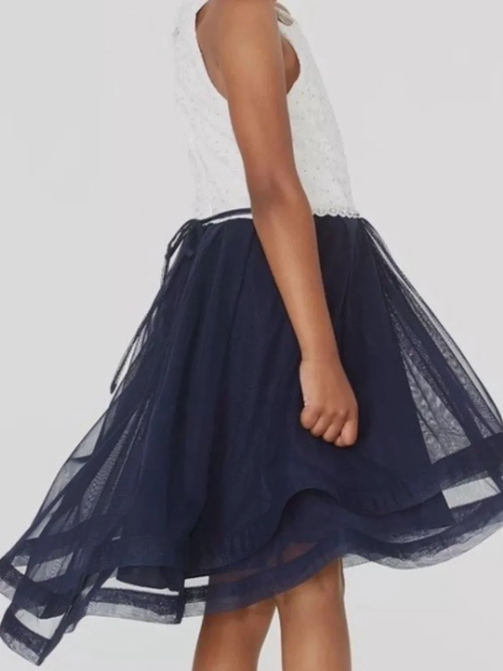 Speechless White Lace and Navy Tulle High-Low Formal Dress